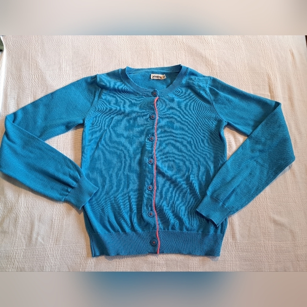 Johnnie b girls size 11-12 years light blue cardigan, neon orange trim, VVGUC